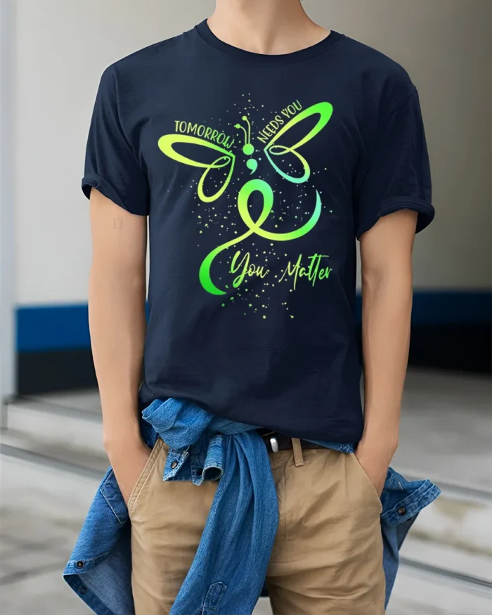 Tomorrow Needs You Semicolon Mental Health T-Shirt - model wearing navy shirt, hands in pockets