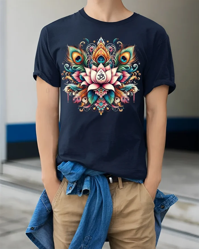 Spiritual Lotus Om Symbol T-Shirt with Peacock Design - model wearing navy shirt, hands in pockets
