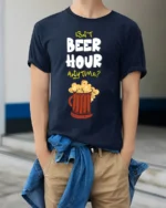 Funny Beer Hour Anytime T-Shirt with Mug Graphic Print - model wearing navy shirt, hands in pockets