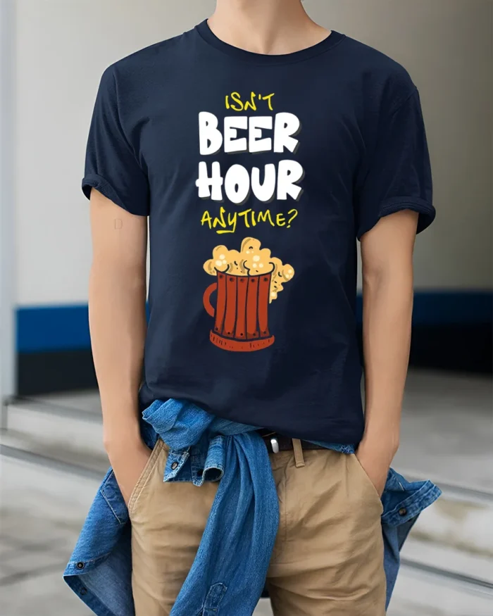 Funny Beer Hour Anytime T-Shirt with Mug Graphic Print - model wearing navy shirt, hands in pockets