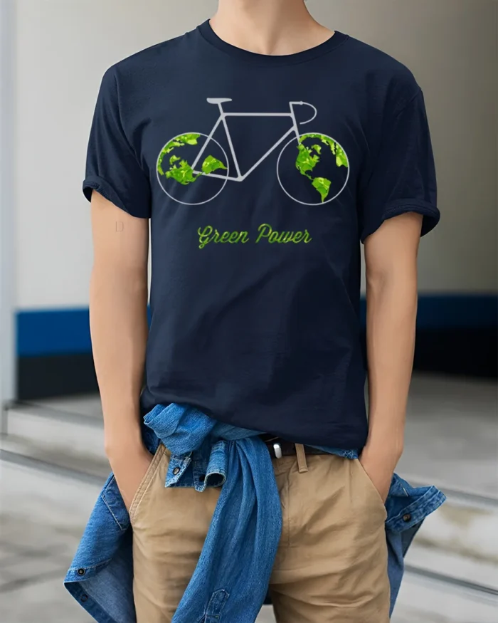 Green Power Bicycle Earth T-Shirt for Eco-Friendly Riders - model wearing navy shirt, hands in pockets
