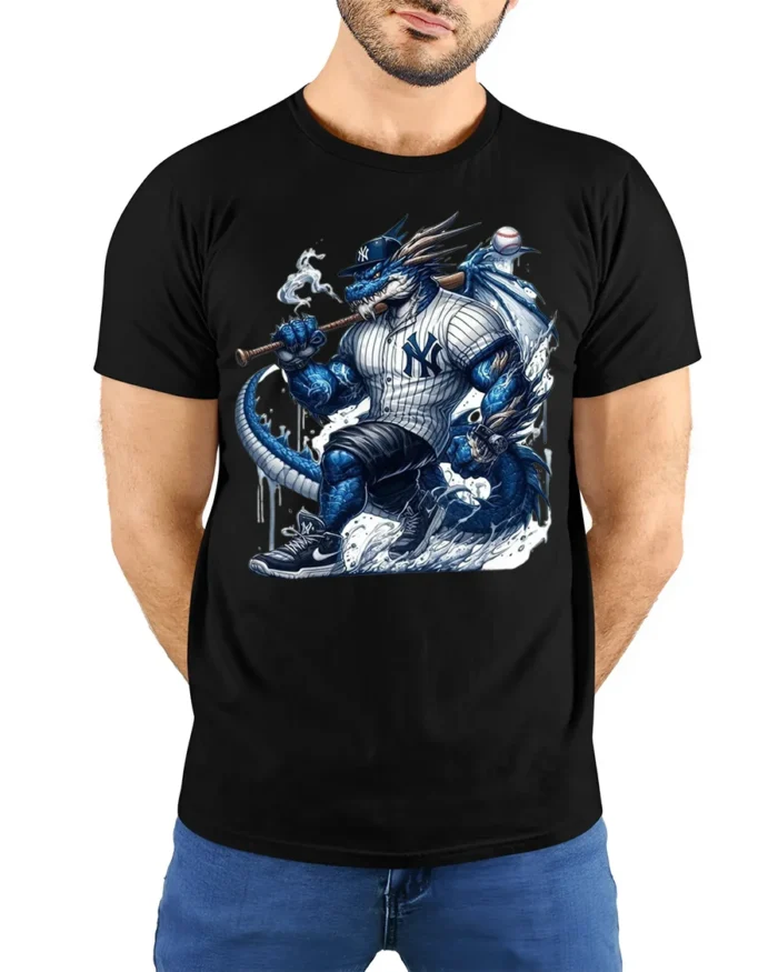 Fierce Dragon Baseball Warrior T-shirt for Sports Fans - model wearing black shirt, hands behind back