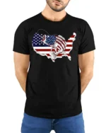 Patriotic USA Fishing T-shirt with American Flag Design - model wearing black shirt, hands behind back