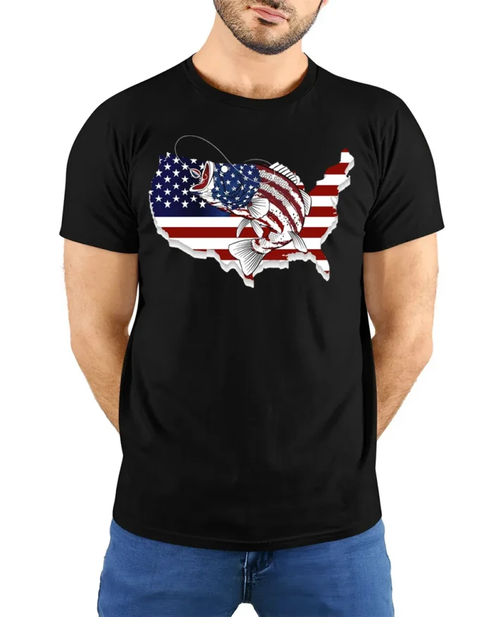 Patriotic USA Fishing T-shirt with American Flag Design - model wearing black shirt, hands behind back
