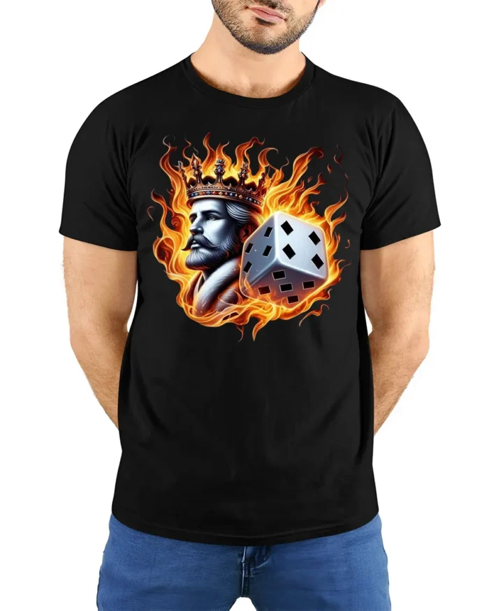 Flaming King Dice T-shirt - Bold Fire Crown Graphic - model wearing black shirt, hands behind back