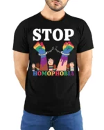 Stop Homophobia T-shirt LGBTQ Pride Equality Protest - model wearing black shirt, hands behind back
