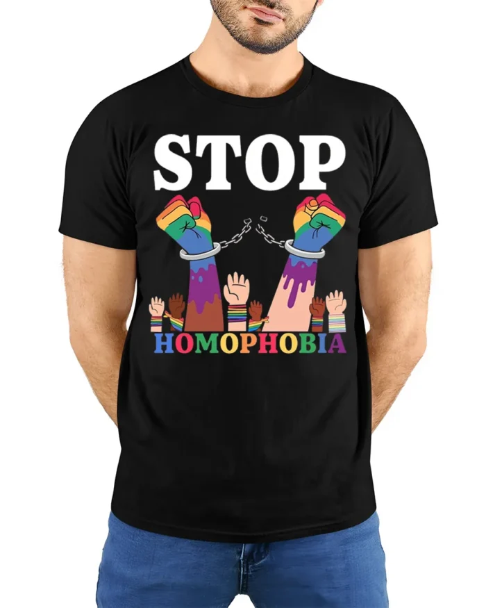 Stop Homophobia T-shirt LGBTQ Pride Equality Protest - model wearing black shirt, hands behind back