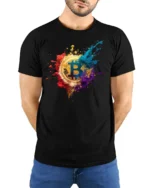 Color Splash Bitcoin T-shirt Crypto Art Lover - model wearing black shirt, hands behind back