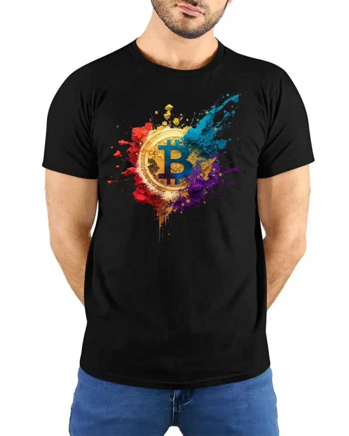 Color Splash Bitcoin T-shirt Crypto Art Lover - model wearing black shirt, hands behind back