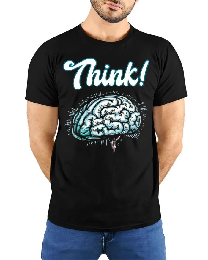 Think Brain T-shirt Intellectual Graphic Tee for Minds - model wearing black shirt, hands behind back