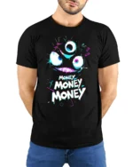 Funny Money Monster T-shirt Neon Greedy Face Graphic - model wearing black shirt, hands behind back
