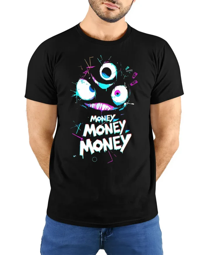 Funny Money Monster T-shirt Neon Greedy Face Graphic - model wearing black shirt, hands behind back
