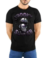 Spooky Summer Skeleton Drink T-Shirt Cute Goth Aesthetic - model wearing black shirt, hands behind back