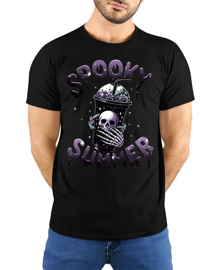 Spooky Summer Skeleton Drink T-Shirt Cute Goth Aesthetic - model wearing black shirt, hands behind back