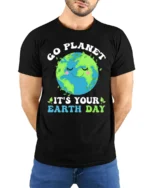 Go Planet It’s Your Earth Day T-Shirt Funny Eco Graphic - model wearing black shirt, hands behind back