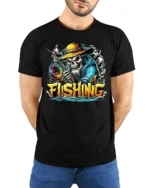 Skeleton Fishing T-Shirt Funny Grim Reaper Fisherman - model wearing black shirt, hands behind back