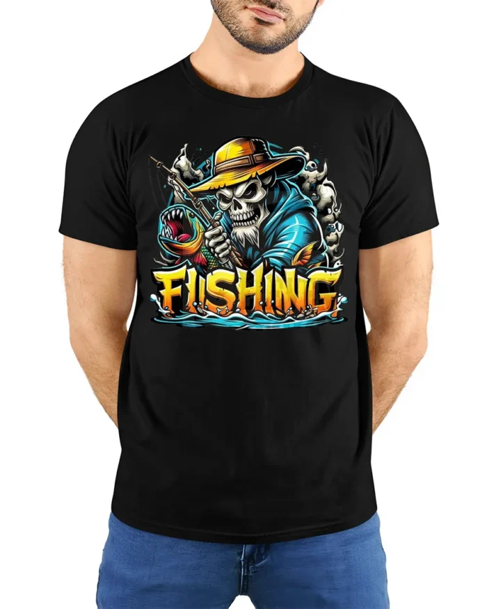 Skeleton Fishing T-Shirt Funny Grim Reaper Fisherman - model wearing black shirt, hands behind back