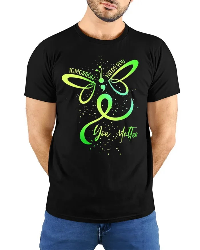 Tomorrow Needs You Semicolon Mental Health T-Shirt - model wearing black shirt, hands behind back