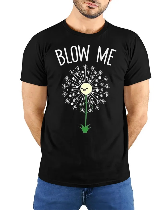Funny Blow Me Dandelion Graphic T-Shirt for Adults - model wearing black shirt, hands behind back