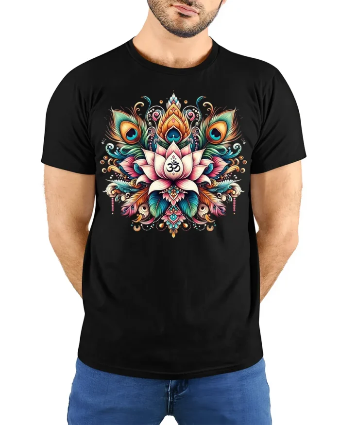 Spiritual Lotus Om Symbol T-Shirt with Peacock Design - model wearing black shirt, hands behind back