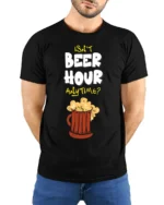 Funny Beer Hour Anytime T-Shirt with Mug Graphic Print - model wearing black shirt, hands behind back