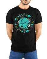 Fender Guitar Explosion T-Shirt for Music Lovers USA - model wearing black shirt, hands behind back