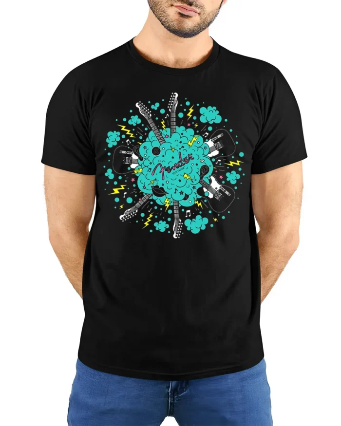 Fender Guitar Explosion T-Shirt for Music Lovers USA - model wearing black shirt, hands behind back