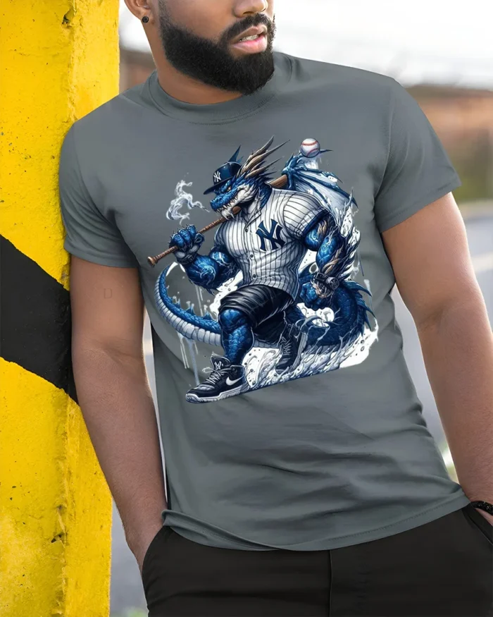 Fierce Dragon Baseball Warrior T-shirt for Sports Fans - model in grey shirt leaning against column
