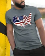 Patriotic USA Fishing T-shirt with American Flag Design - model in grey shirt leaning against column
