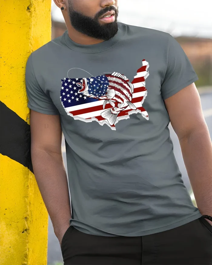 Patriotic USA Fishing T-shirt with American Flag Design - model in grey shirt leaning against column