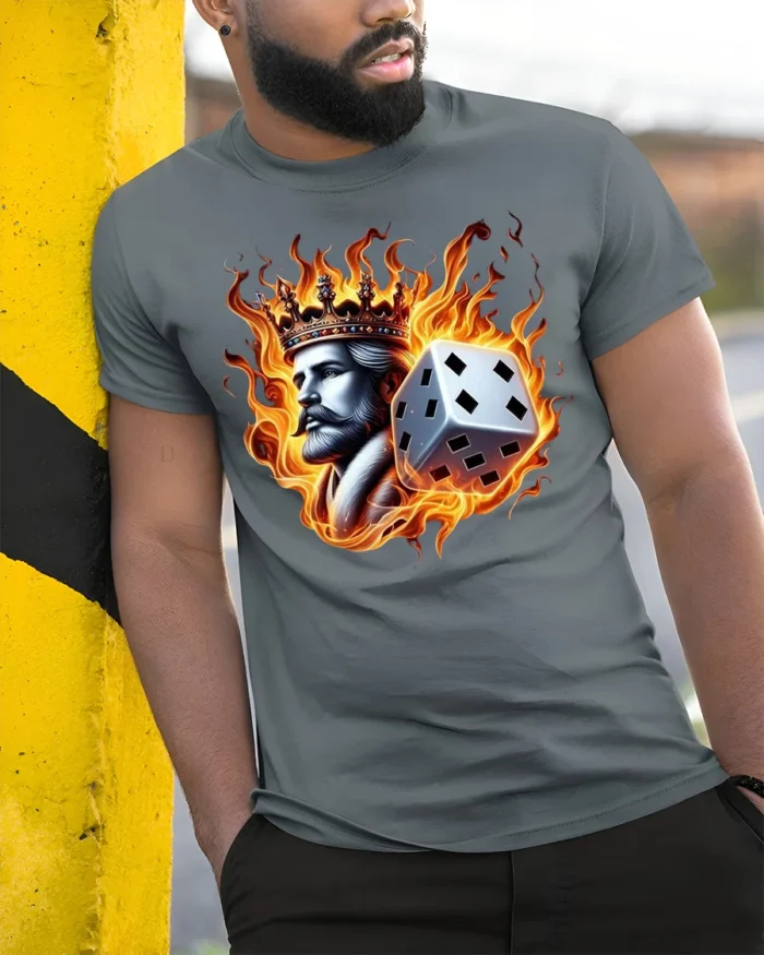 Flaming King Dice T-shirt - Bold Fire Crown Graphic - model in grey shirt leaning against column