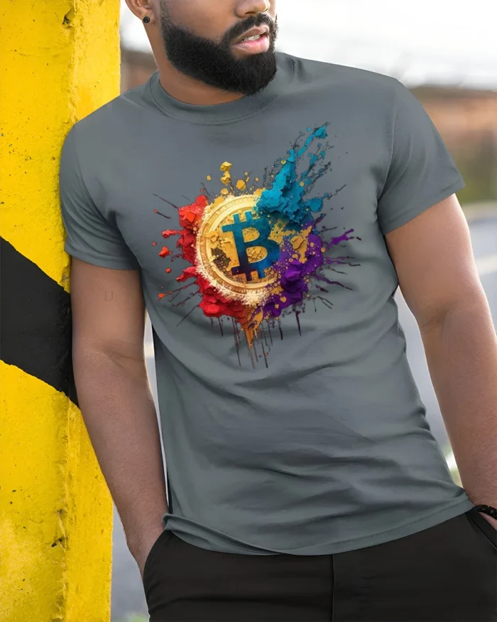 Color Splash Bitcoin T-shirt Crypto Art Lover - model in grey shirt leaning against column