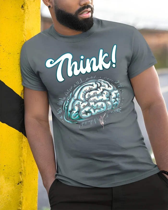 Think Brain T-shirt Intellectual Graphic Tee for Minds - model in grey shirt leaning against column