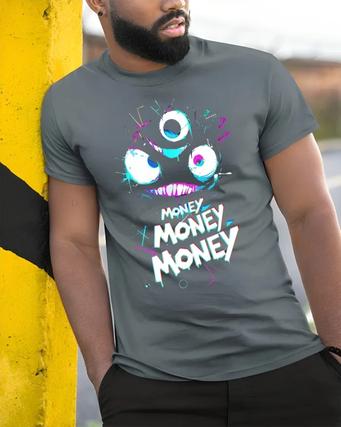 Funny Money Monster T-shirt Neon Greedy Face Graphic - model in grey shirt leaning against column