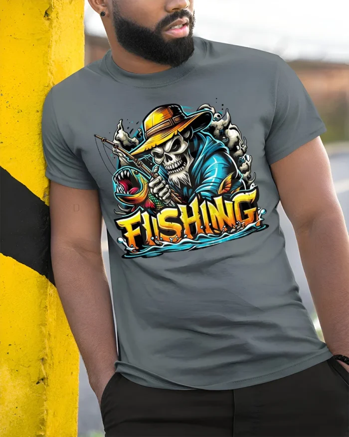Skeleton Fishing T-Shirt Funny Grim Reaper Fisherman - model in grey shirt leaning against column