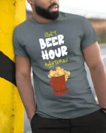 Funny Beer Hour Anytime T-Shirt with Mug Graphic Print - model in grey shirt leaning against column