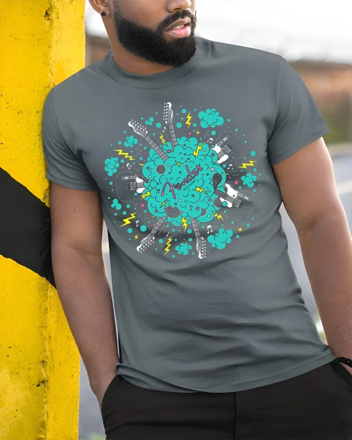 Fender Guitar Explosion T-Shirt for Music Lovers USA - model in grey shirt leaning against column