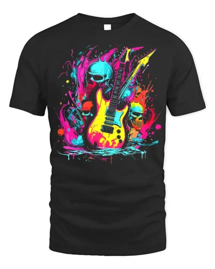 Neon Skull Guitar T-Shirt for Rock Music Lovers - black t-shirt on white background