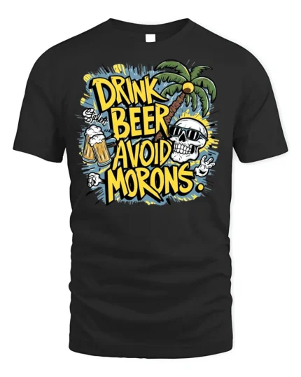 Drink Beer Avoid Morons Funny Summer Skull T-Shirt - black t-shirt on white background