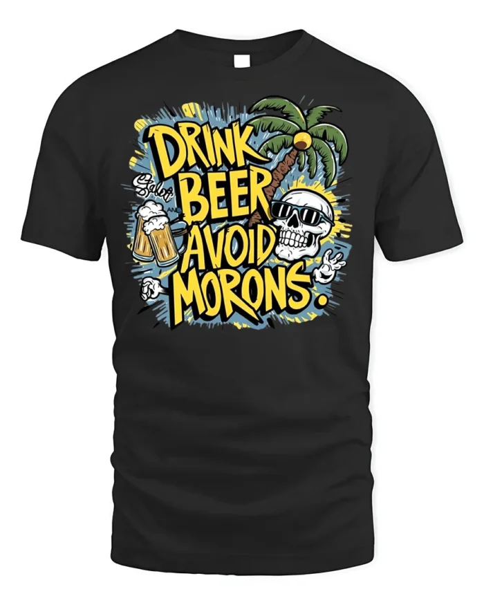 Drink Beer Avoid Morons Funny Summer Skull T-Shirt - black t-shirt on white background