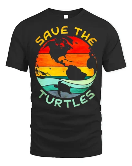 Save The Turtles T-Shirt Retro Earth Ocean Graphic - black t-shirt on white background