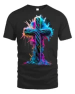 Vibrant Neon Cross T-Shirt Christian Faith Graphic - black t-shirt on white background