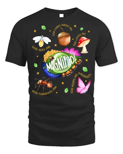 Magnified Psalm 34:3 Bible Verse Nature T-Shirt - black t-shirt on white background