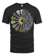 Ageless Hippie Guitar T-Shirt with Peace and Rock Style - black t-shirt on white background
