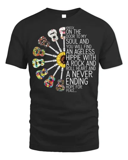 Ageless Hippie Guitar T-Shirt with Peace and Rock Style - black t-shirt on white background
