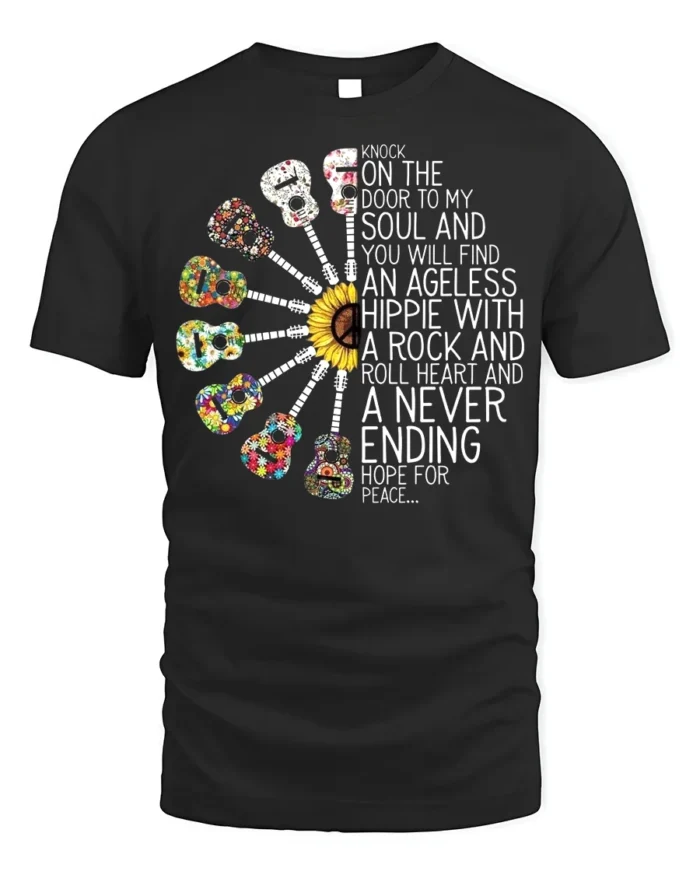 Ageless Hippie Guitar T-Shirt with Peace and Rock Style - black t-shirt on white background