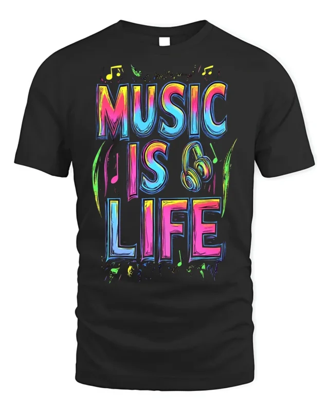 Colorful Music Is Life T-Shirt for Musicians and Fans - black t-shirt on white background