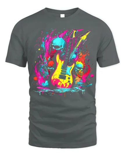 Neon Skull Guitar T-Shirt for Rock Music Lovers - gray t-shirt on white background