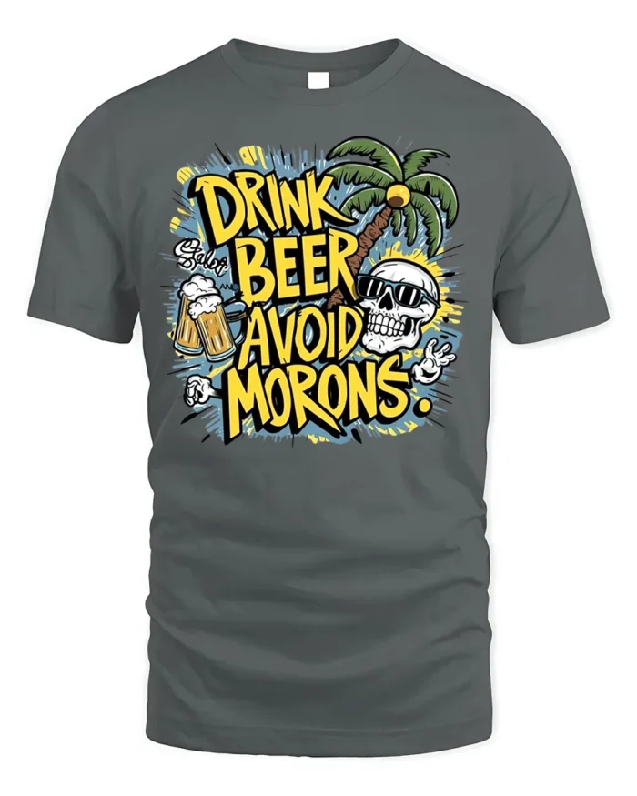 Drink Beer Avoid Morons Funny Summer Skull T-Shirt - gray t-shirt on white background