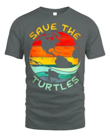 Save The Turtles T-Shirt Retro Earth Ocean Graphic - gray t-shirt on white background